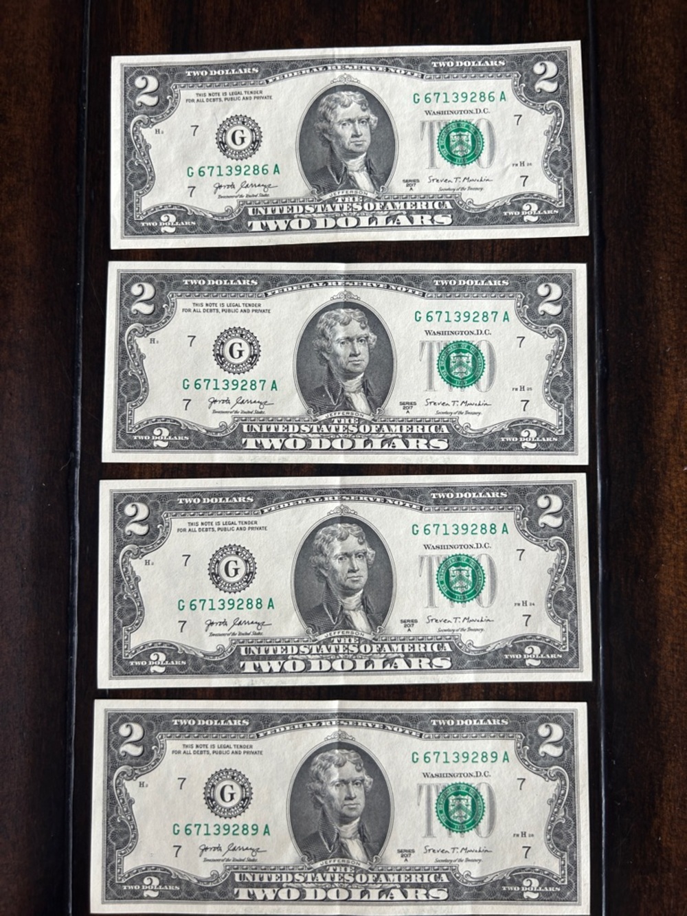 4 Consecutive $2 Bills 2017A UNC Crisp Notes G67139286–89A Uncirculated Run